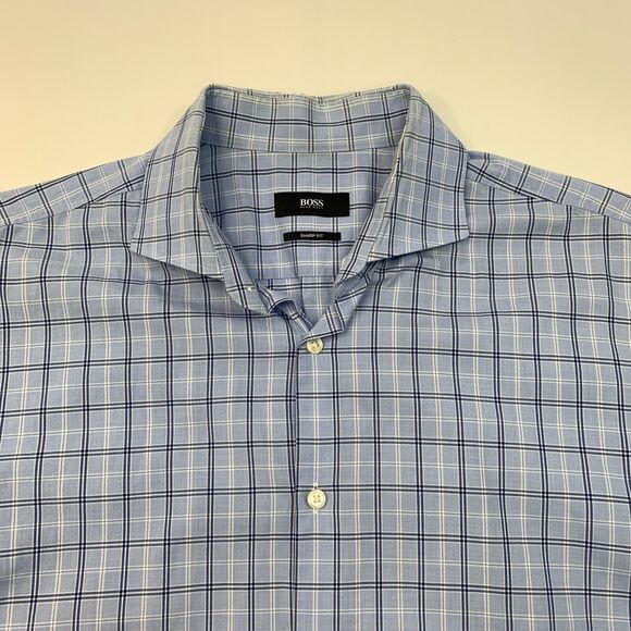Hugo Boss Shirt Mens 16.5 Bluebell Cotton Sharp Fit Plaid Button Up Long Sleeve - Picture 3 of 10